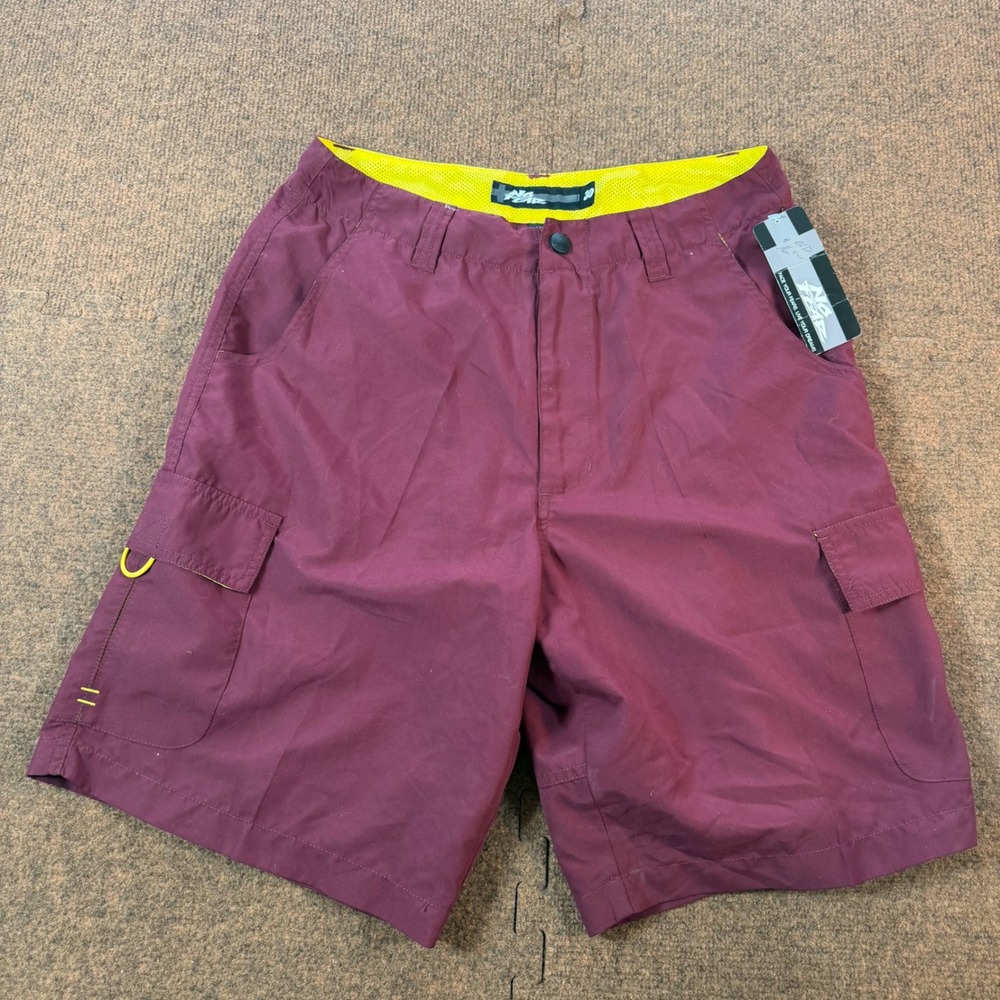 A+ VTG No Fear Blade Cargo Shorts Mens 30 Burgundy Maroon Yellow Mesh Lining NWT